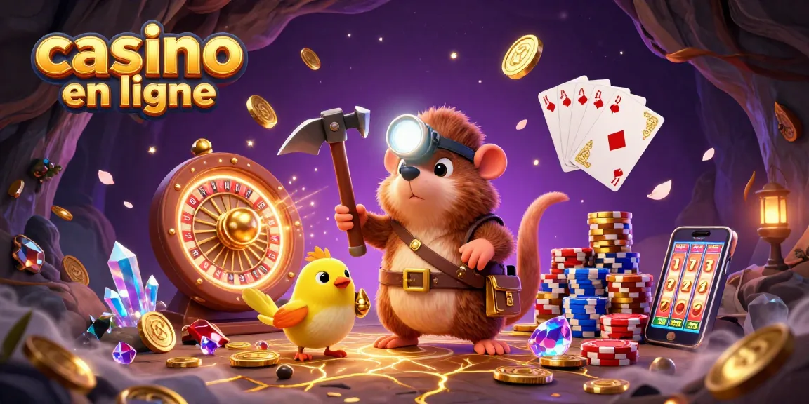Illustration animée dynamique montrant un mole et une canarie dans un casino en ligne, entourés de pièces dorées et de jetons.