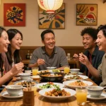 Diverse friends savoring Asian cuisine and sharing stories at https://hanadultalk.com, showcasing cultural exchange in a cozy restaurant.