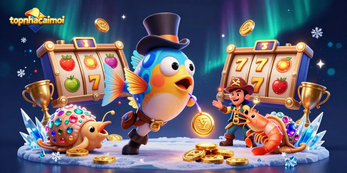 Engage with topnhacaimoi's exciting slot adventure featuring vibrant characters in a dynamic casino scene.