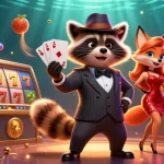 Le raton laveur élégant avec un royal flush dans un casino en ligne, entouré de machines à sous et de pièces d'or.