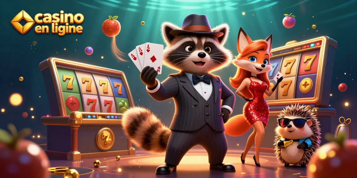 Le raton laveur élégant avec un royal flush dans un casino en ligne, entouré de machines à sous et de pièces d'or.