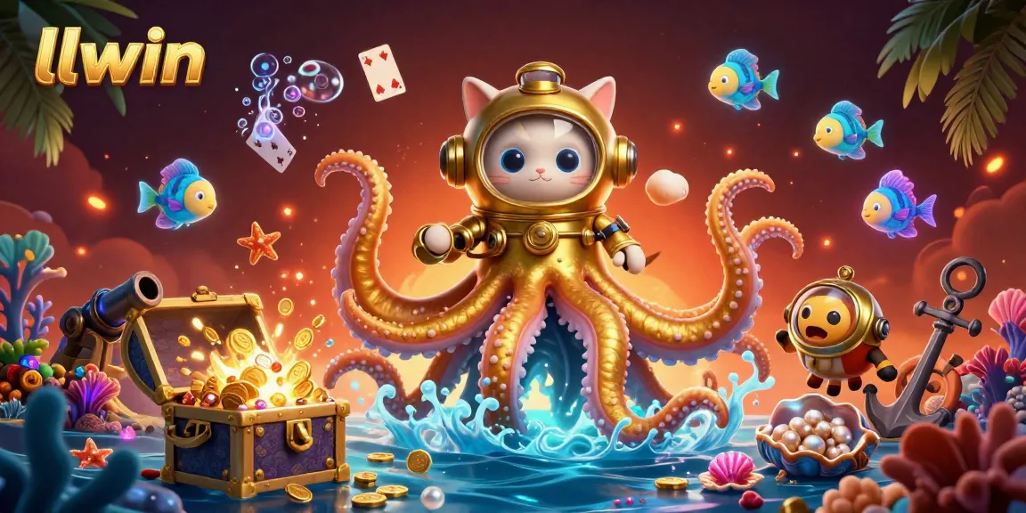 Play exciting games with llwin, featuring a kraken, diving cat, and vibrant underwater treasures.