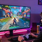 Dynamic gaming scene showing a player engaged in CIKA4D, with immersive graphics, vibrant lighting, and gaming accessories.