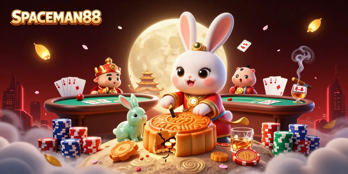 SPACEMAN88 showcases the moon rabbit celebrating with poker chips on a casino-inspired lunar surface.