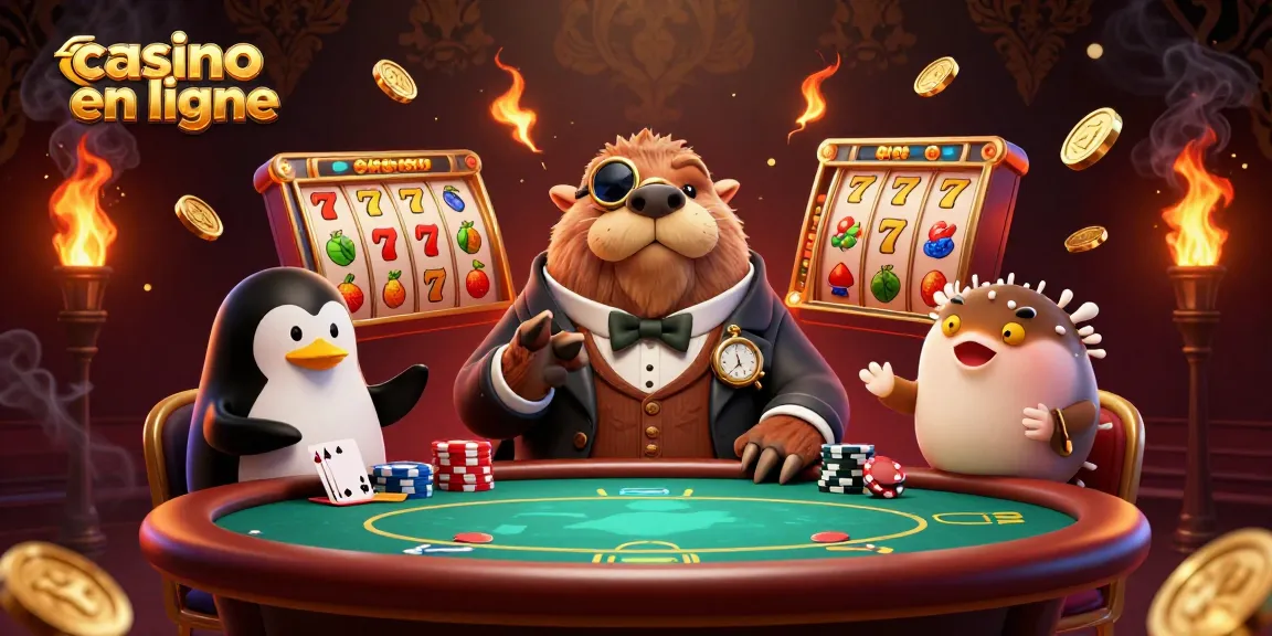 Joignez-vous au plaisir de casino en ligne avec un morse joueur au poker, un dealer pingouin, et un poisson-blennie bluffeur.