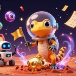 Bolaslot88 gives excitement as a Martian gecko uncovers a golden casino amidst colorful lottery elements.