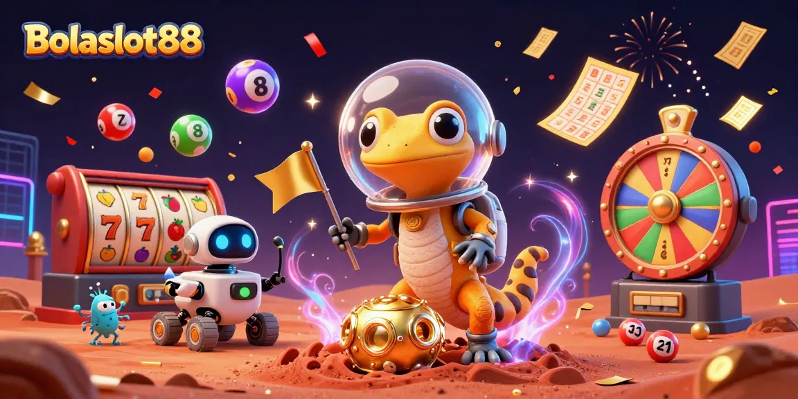 Bolaslot88 gives excitement as a Martian gecko uncovers a golden casino amidst colorful lottery elements.