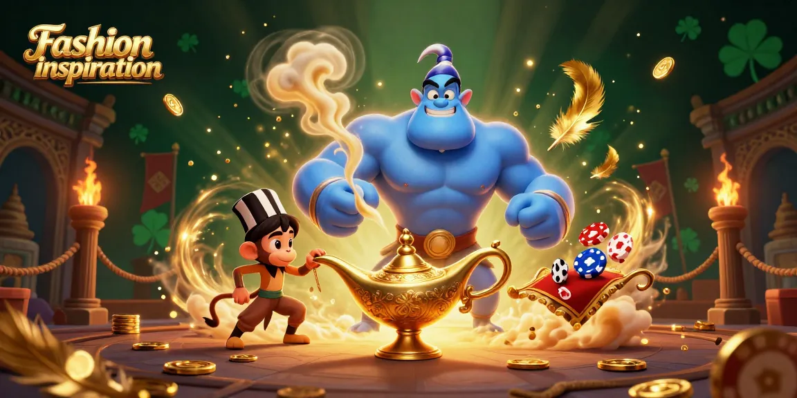 Experience Fashion inspiration with a dynamic scene featuring a muscular genie and poker chips flowing in golden smoke.