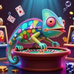 samsonbet86 showcases a vibrant 3D casino scene with a chameleon owner capturing golden coins