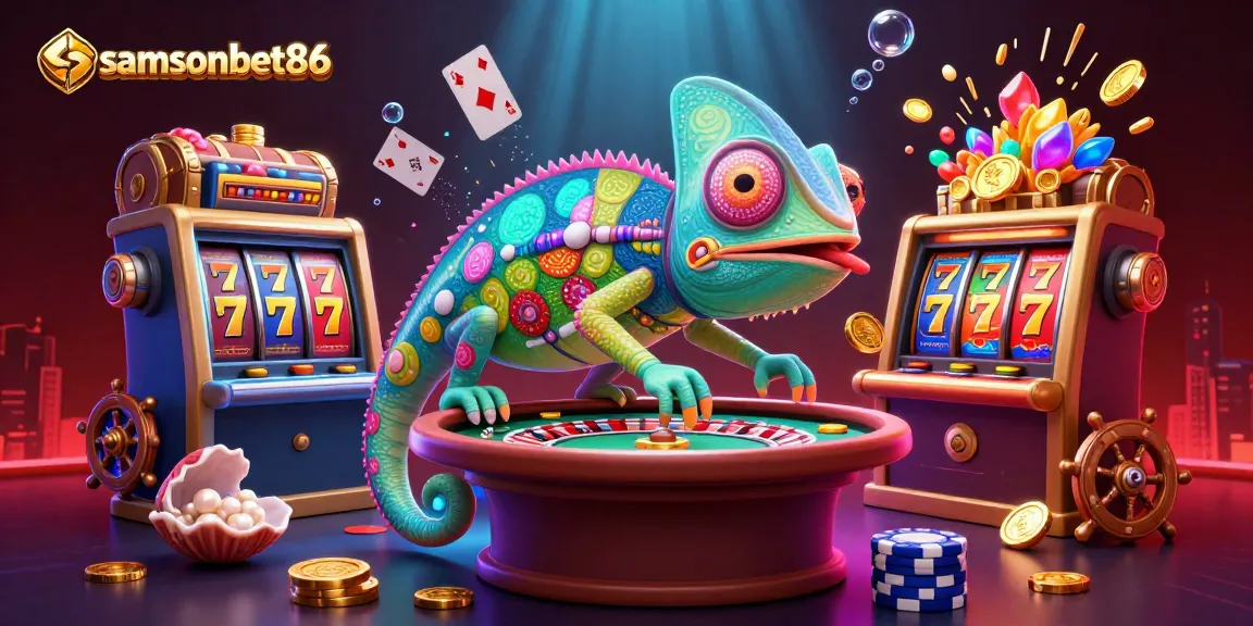 samsonbet86 showcases a vibrant 3D casino scene with a chameleon owner capturing golden coins