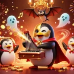 Un dessin animé dynamique illustrant un casino en ligne avec un pingouin et des pièces dorées dans un décor riche.