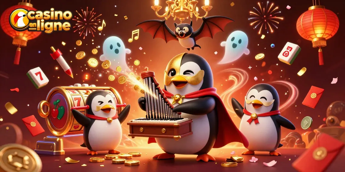 Un dessin animé dynamique illustrant un casino en ligne avec un pingouin et des pièces dorées dans un décor riche.
