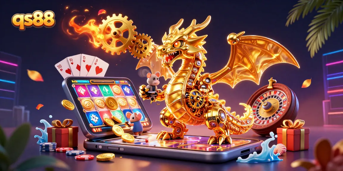 Engage with exciting games at qs88, featuring a vivid 3D dragon and interactive slot elements.