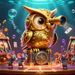 Découvrez un casino en ligne animé avec un hibou d'or et des souris entre les machines à sous.