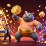 Casino en ligne argent réel, illustration dynamique avec un rhinocéros cartoon et une machine à sous jackpot.