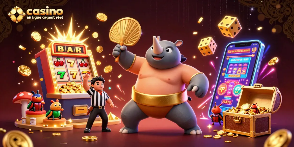 Casino en ligne argent réel, illustration dynamique avec un rhinocéros cartoon et une machine à sous jackpot.