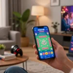 CIKA4D mobile gaming scene with a user enjoying Mahjong and promotions in a cozy setting.