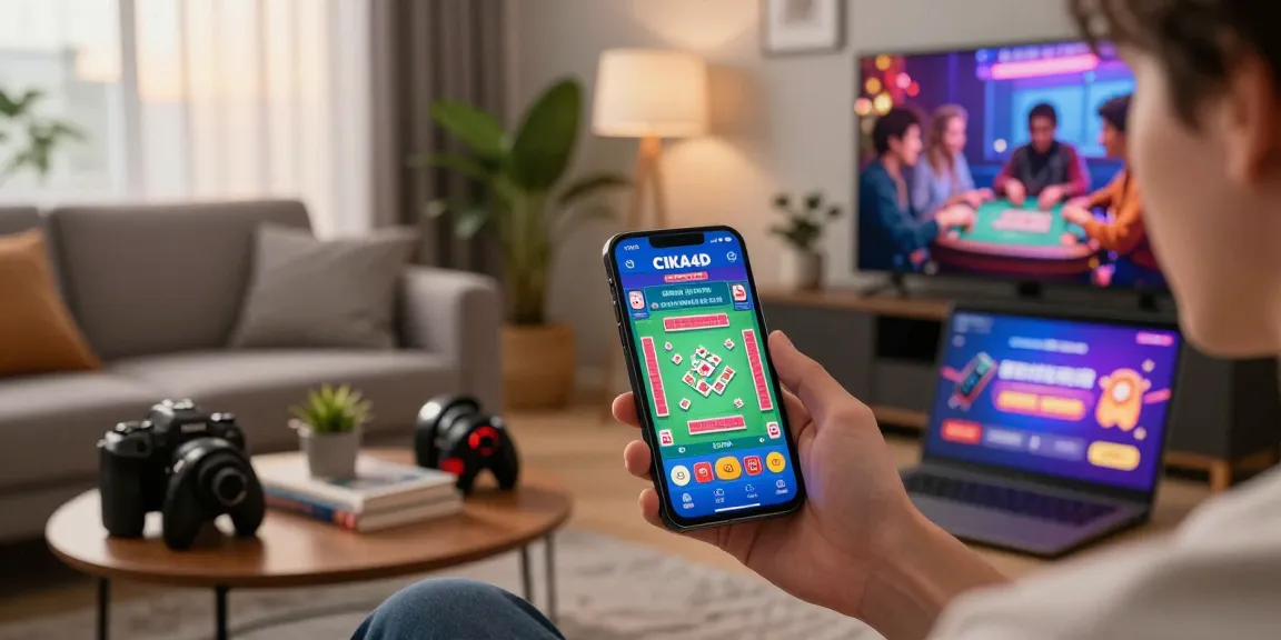 CIKA4D mobile gaming scene with a user enjoying Mahjong and promotions in a cozy setting.