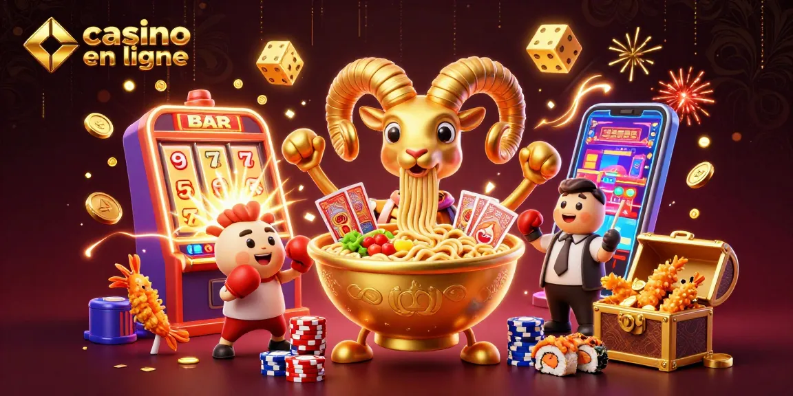 Jouez à casino en ligne avec des personnages de casino 3D, un bol de ramen et des animations dynamiques.