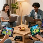 Players enjoying digital games on INDOCAIR platform in a cozy living room.