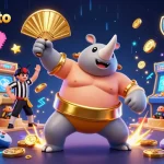 Situs toto menampilkan juara sumo kubah badak 3D dengan koin emas terbang saat bertanding, dikelilingi mesin permainan modern.