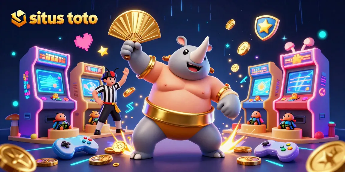 Situs toto menampilkan juara sumo kubah badak 3D dengan koin emas terbang saat bertanding, dikelilingi mesin permainan modern.