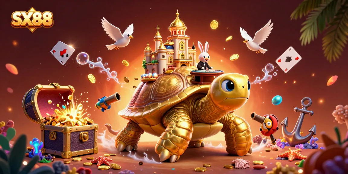 SX88 offers thrilling gaming adventure with a giant tortoise casino and gold coins flying.