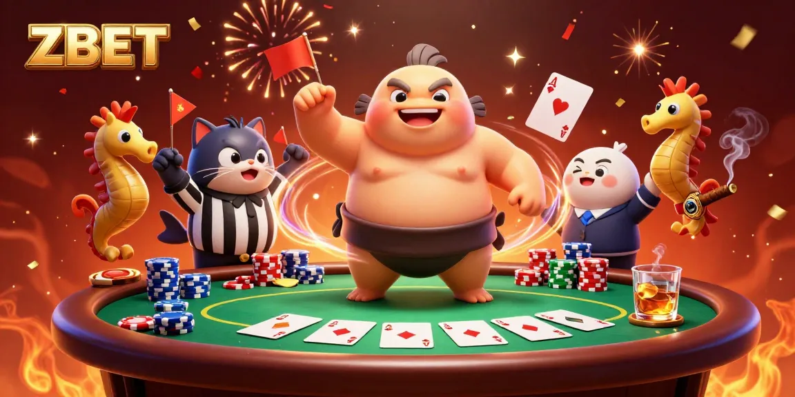 ZBET showcases a vibrant underwater poker scene with a fugu in a sumo belt, catfish referee, and poker elements.