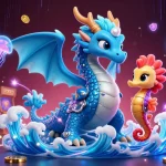 Jouez aux jeux passionnants de casino en ligne avec l'illustration d'un dragon aqueux 3D et un chevalier hippocampe.