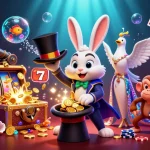 Illustration dynamique de casino en ligne avec un lapin magicien, une colombe et un singe farceur.
