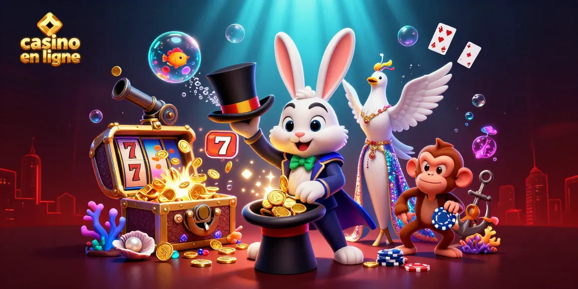Illustration dynamique de casino en ligne avec un lapin magicien, une colombe et un singe farceur.