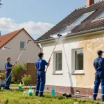 Professionelle Reinigung Dassel: Team reinigt Fassade und Dach umweltfreundlich.