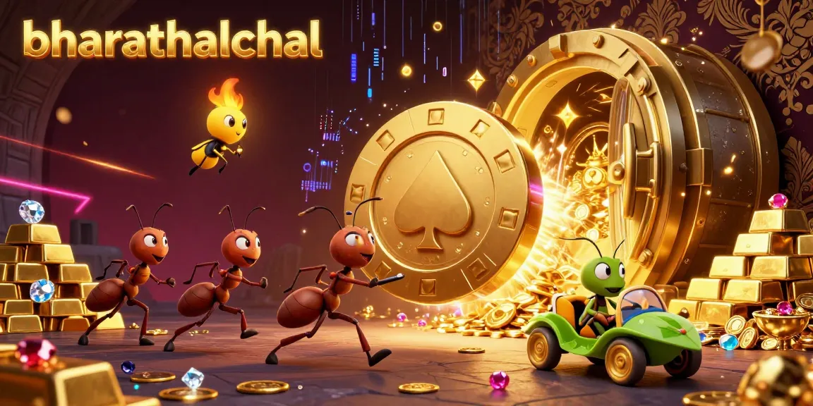 Engage with bharathalchal in a thrilling heist scene featuring a team of ants, giant poker chip, and treasure.