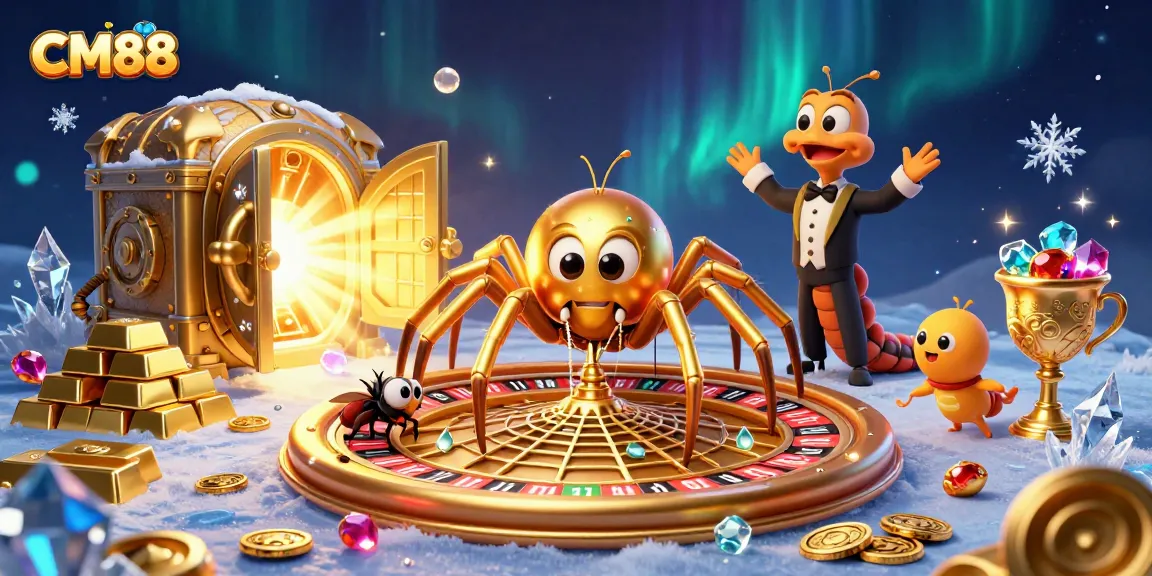 Spin the roulette wheel with CM88’s exciting gaming elements, featuring a golden spider and vibrant treasures.