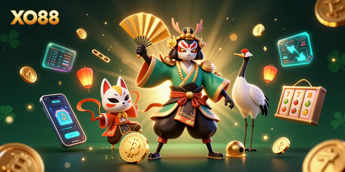 Experience thrilling gameplay at XO88 with vibrant 3D gambling artwork featuring slot elements and crypto coins.