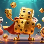 Pariez dans un casino en ligne avec une scène dynamique de dés dorés et des éléments de jeu captivants.