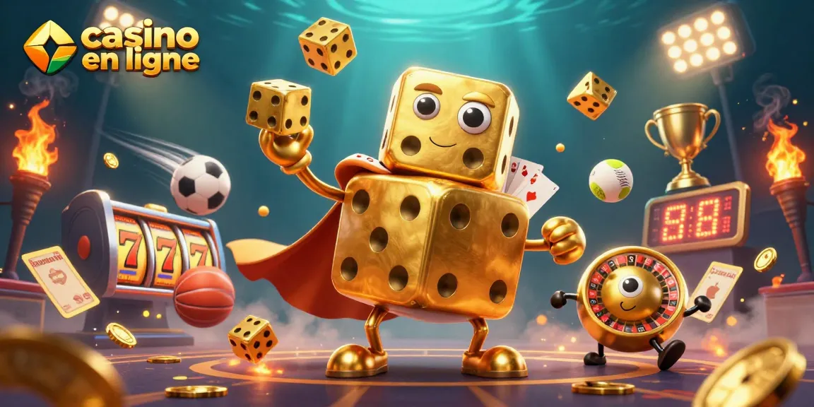 Pariez dans un casino en ligne avec une scène dynamique de dés dorés et des éléments de jeu captivants.