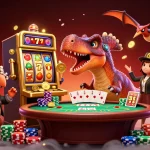 Scène animée de casino en ligne avec un pachycéphalosaure et des machines à sous