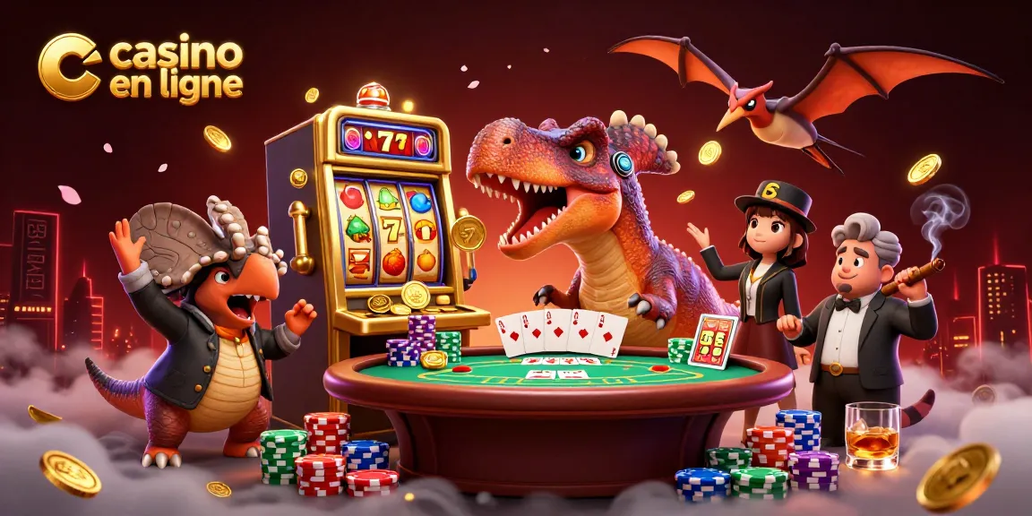 Scène animée de casino en ligne avec un pachycéphalosaure et des machines à sous