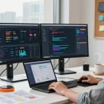 Developer analyzing NAGA2000 data at modern tech workspace, showcasing productivity and innovation.