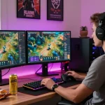 Engaged gamer at home office showcasing rokok88 login with vibrant gaming setup and dual monitors