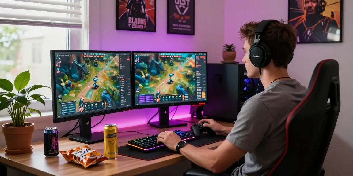 Engaged gamer at home office showcasing rokok88 login with vibrant gaming setup and dual monitors