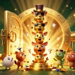 Plongez dans l'univers du casino en ligne avec cette illustration dynamique de totem et joyaux scintillants.