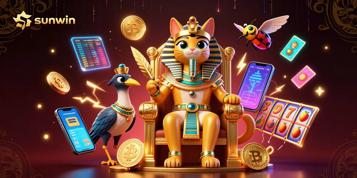 Win big at sunwin with a captivating 3D illustration of a pharaoh cat and crypto elements.