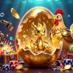 Jouez en ligne dans un casino en ligne avec un dragon doré émergeant de l'œuf, entouré de jetons.