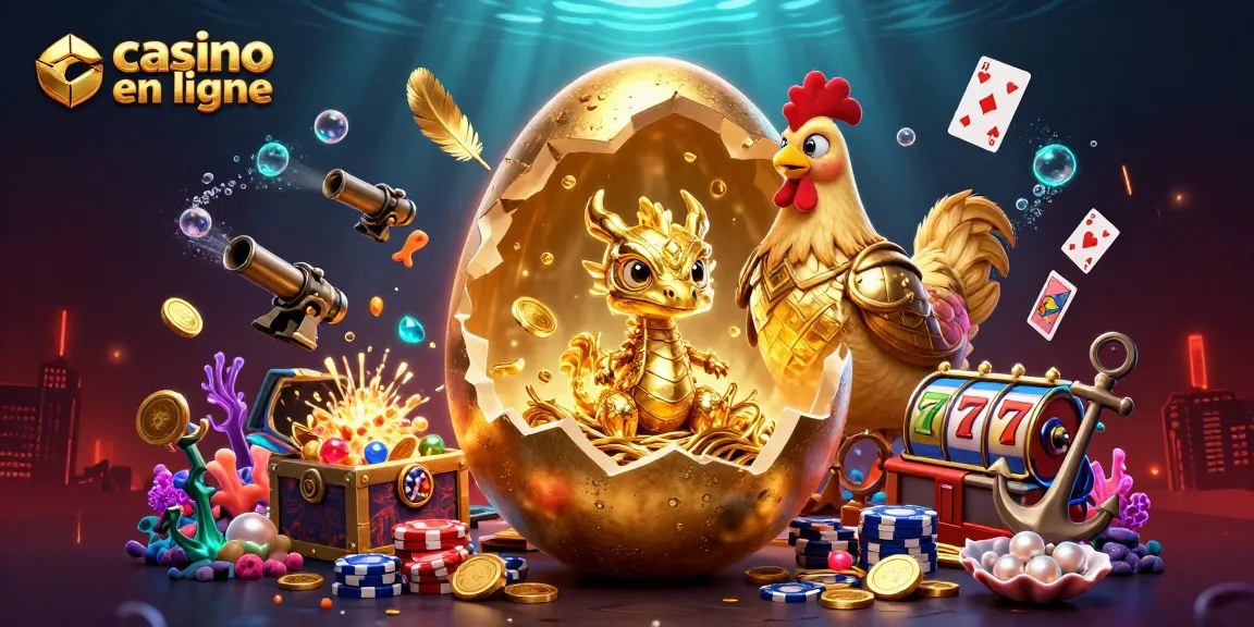 Jouez en ligne dans un casino en ligne avec un dragon doré émergeant de l'œuf, entouré de jetons.