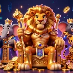 Experience thrilling gameplay at sky88 with a lion king, an elephant advisor, and a cheetah messenger amidst a vibrant casino.