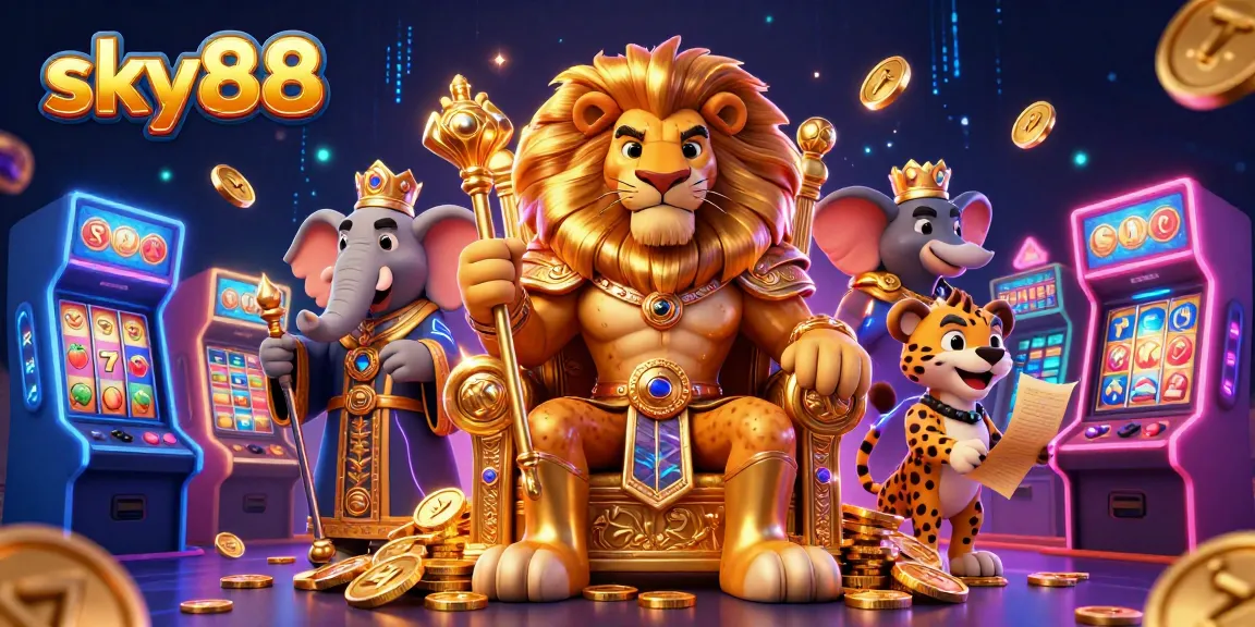 Experience thrilling gameplay at sky88 with a lion king, an elephant advisor, and a cheetah messenger amidst a vibrant casino.