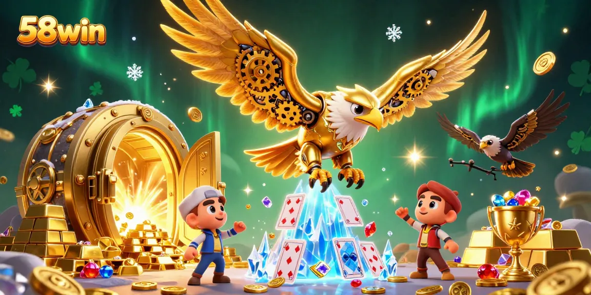 Engage with 58win's vibrant world of online gaming featuring dynamic casino elements and a cybernetic eagle.