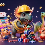Permainan slot menarik di bosjoko81209 dengan simbol buah dan tumpukan chip poker berkilau.